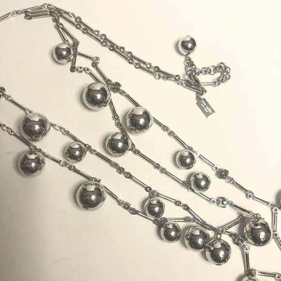 298 Kate Spade New York Silver Tone Necklace Dangle Ball Crystal layer 26”-28” - Picture 3 of 3